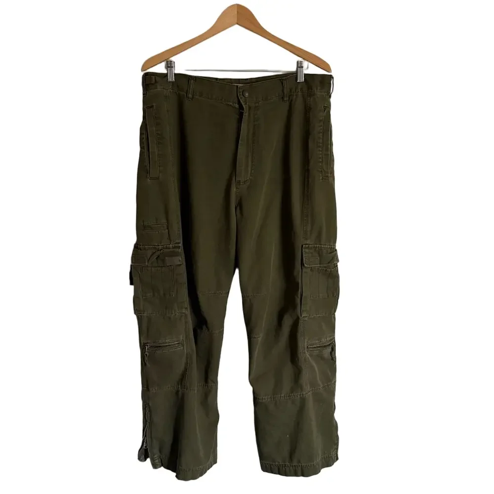 Y2K Old Navy Men's Olive Green Cargo Pants Size 36 Baggy Workwear Utility Cotton